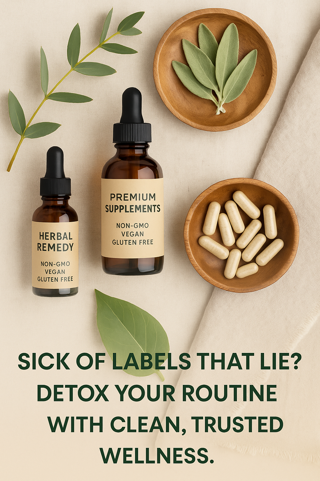 A flat lay photograph displays wellness products and natural skincare items arranged on a light background. The design features non-GMO, vegan, and gluten-free essentials, with soft natural lighting and a clean, calming aesthetic. Text overlay reads: “Sic