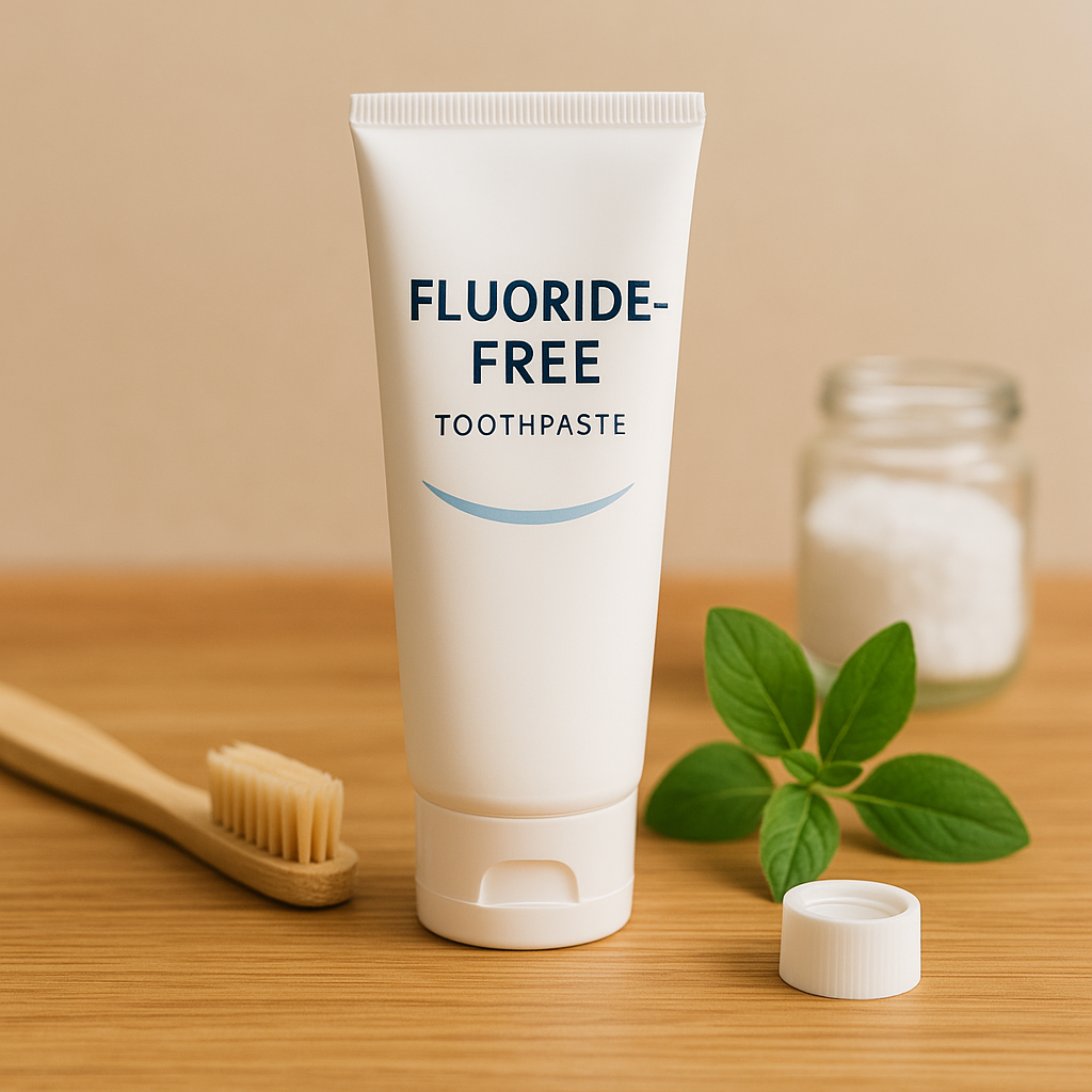 A natural toothpaste set featuring fluoride-free options for kids and adults with fresh mint and botanical elements, promoting a safe oral care routine.