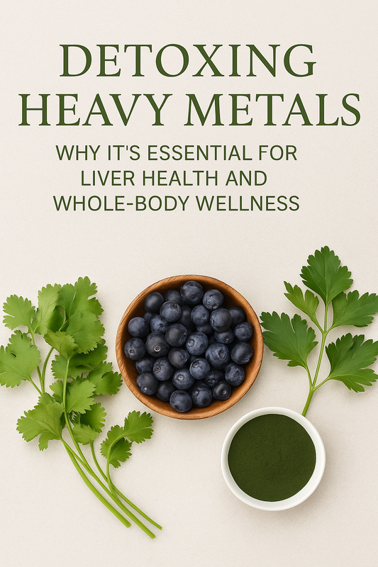 A digital graphic design illustrating the process of cleansing heavy metals from the body, with vibrant natural elements like herbs, vegetables, and water, symbolizing liver and organ detoxification for overall wellness.