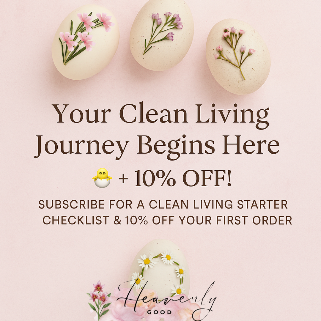 Easter-themed promotion for Heavenly Good featuring pastel florals, a checklist offer, and 10% discount for subscribers.