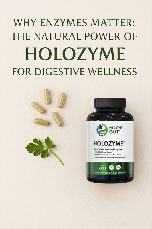 A digital illustration featuring a bottle of HoloZyme surrounded by fresh fruits and digestive enzymes, symbolizing natural support for digestive health and overall wellness.