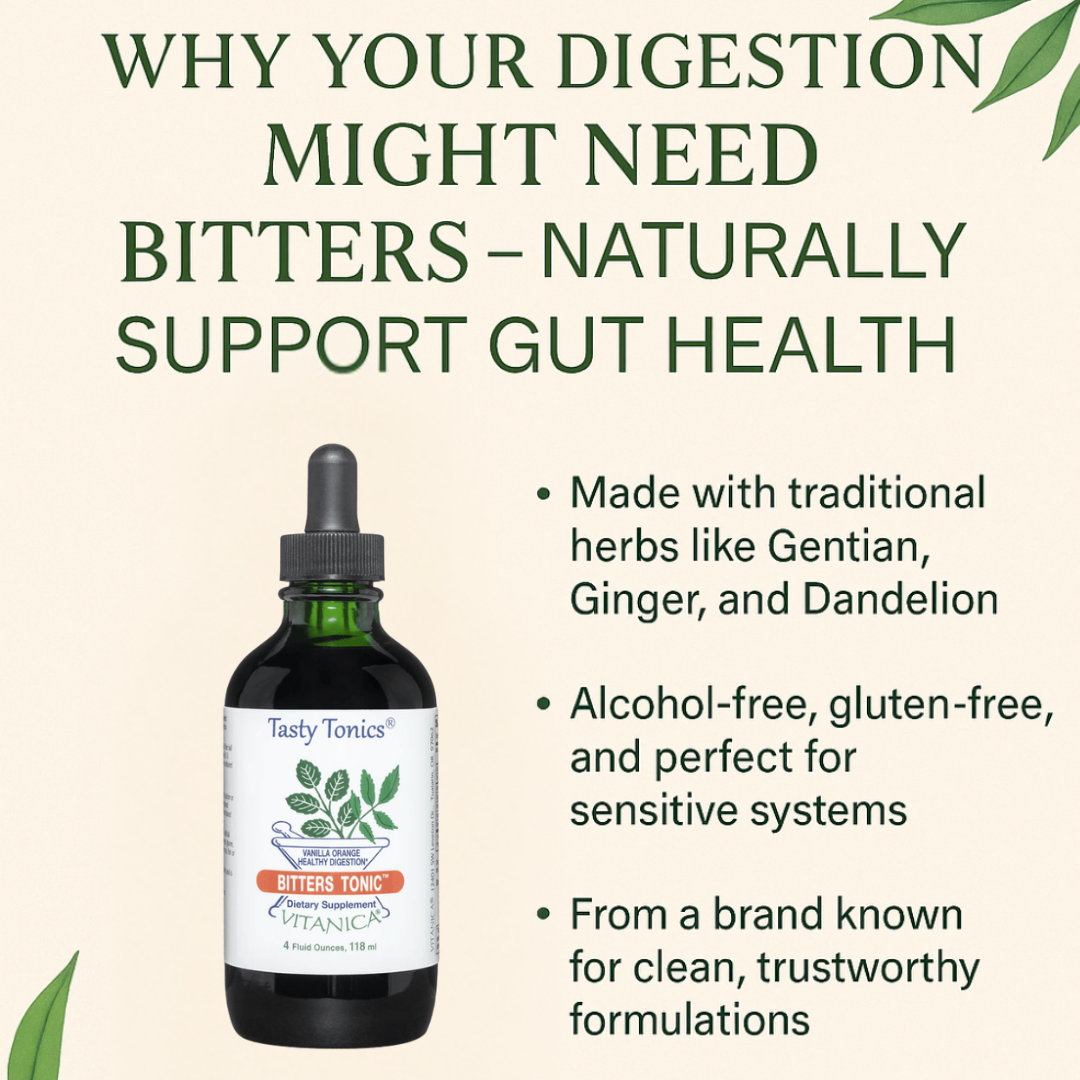 A clean flat‑lay featuring a 118 ml bottle of Vitanica Bitters Tonic on a neutral background, surrounded by simple botanical accents; text overlay reads ‘Rediscover Digestion: How Vitanica Bitters Tonic Transforms Gut Health Naturally.