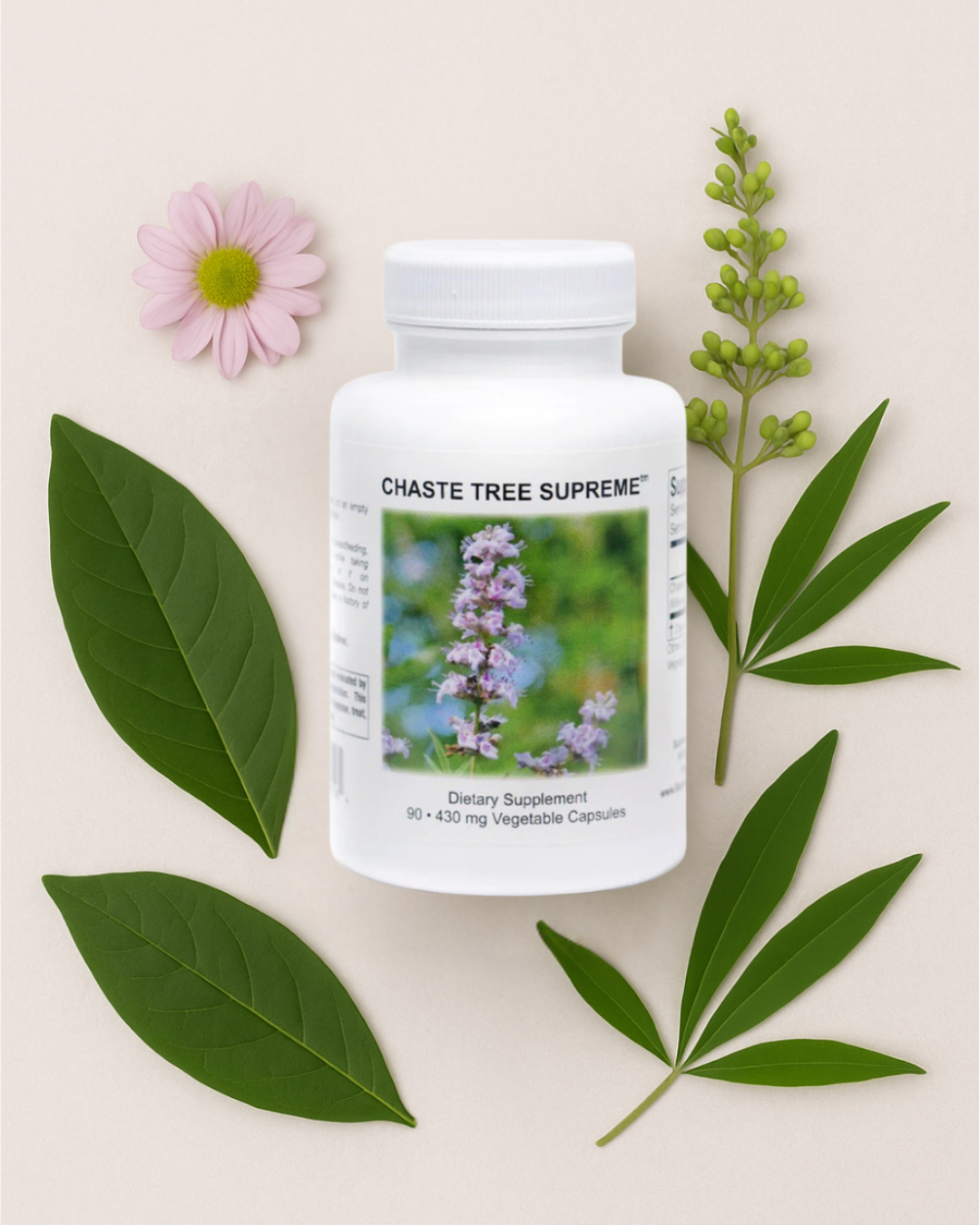 A digital illustration showing a bottle of Chaste Tree Supreme surrounded by chaste berries and green leaves, representing natural, plant-based hormonal balance support.