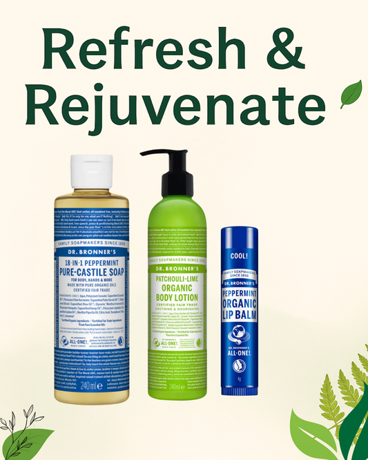 Dr. Bronner’s Refresh & Rejuvenate Bundle – Mint Castile Soap, Patchouli Lime Lotion, and Mint Lip Balm displayed on a clean wellness-themed background, promoting organic, vegan, non-GMO, and eco-friendly personal care.
