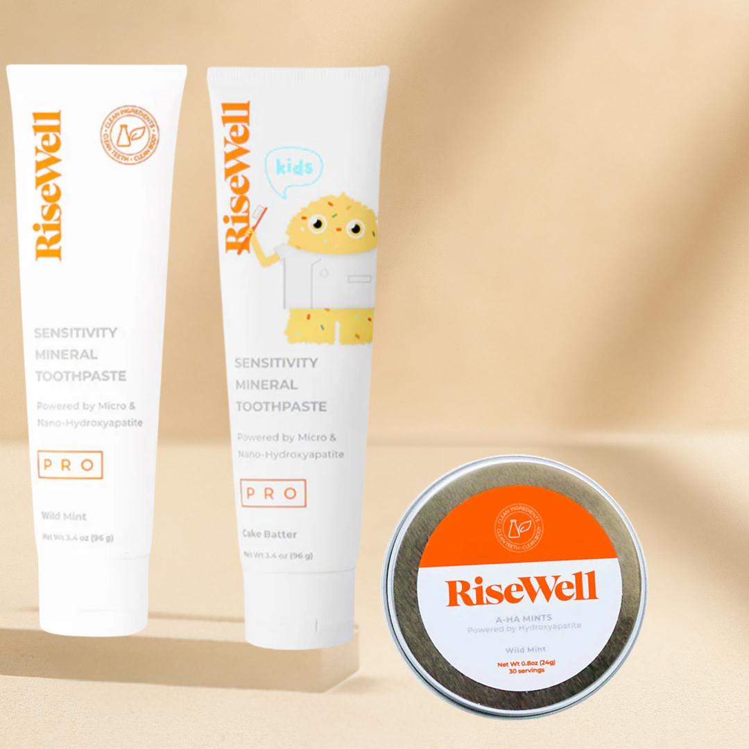 RiseWell Oral Care Bundle with adult and kids toothpaste and A-HA mints – fluoride-free, natural, vegan and safe for the whole family