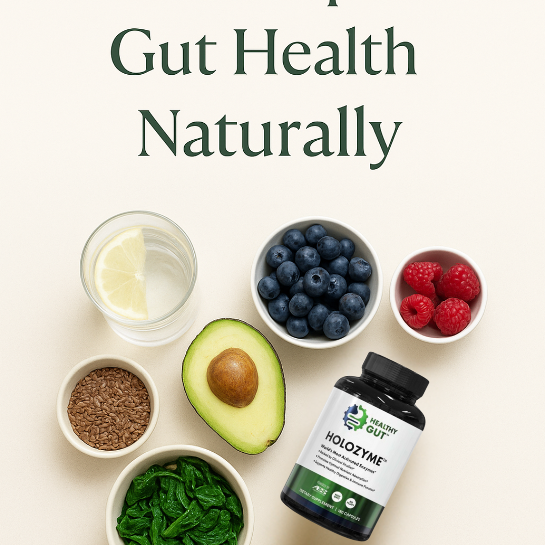 Healthy flat lay of colourful plant-based foods and a HoloZyme supplement bottle with text overlay: 6 Vegan Gut Health Tips You’ll Love