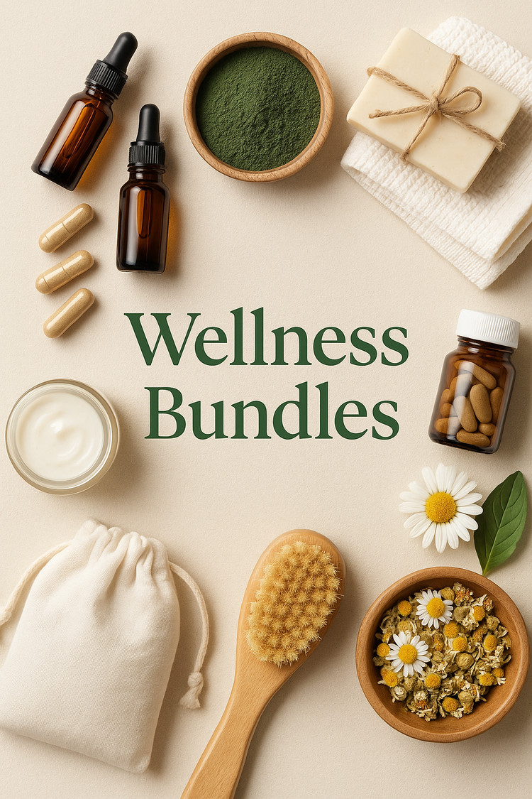 Wellness bundles with natural health products, supplements, and self-care items arranged aesthetically on a neutral background