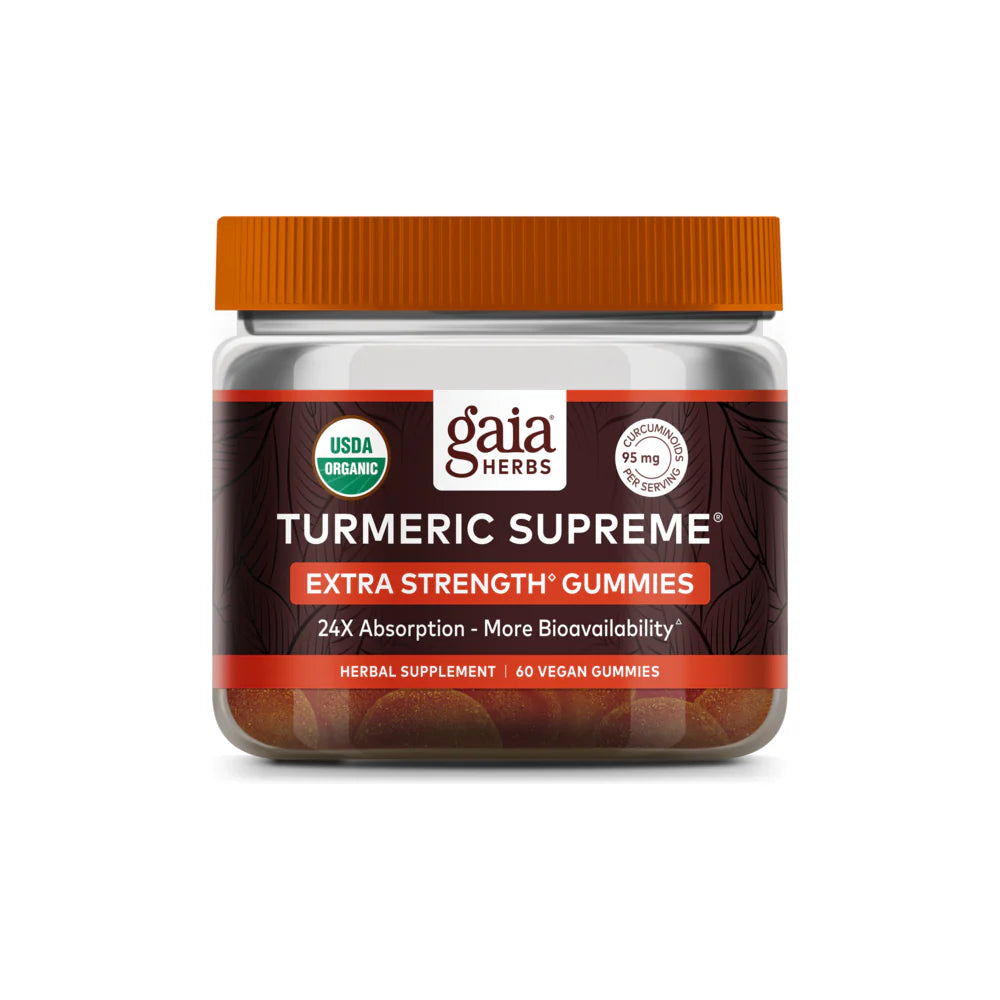 Gaia Herbs Turmeric Supreme Gummies in a jar with 60 turmeric and curcumin-rich gummies