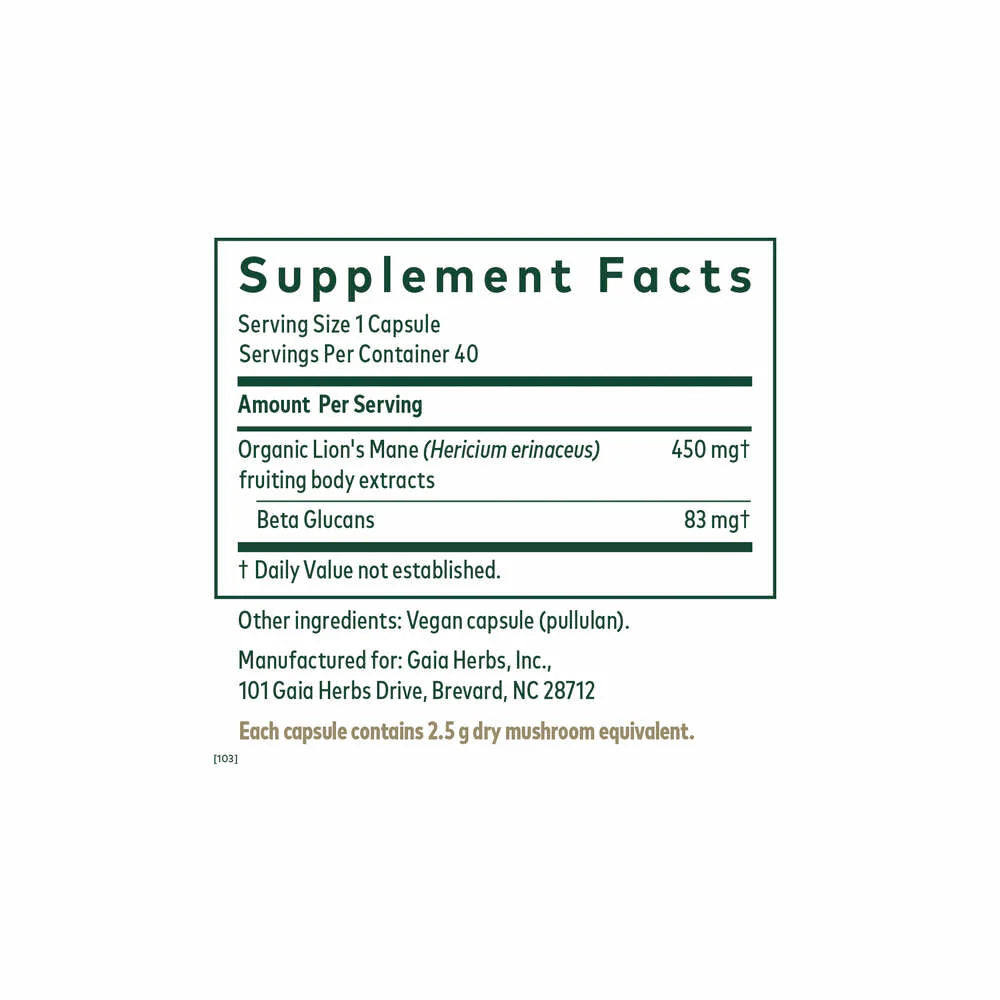 Lion’s Mane Mushroom nootropic supplement by Gaia Herbs supporting cognitive function