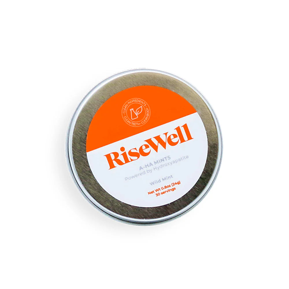 RiseWell A-HA Mints bottle with 30 servings of vegan breath freshening mints