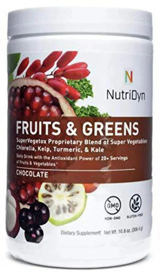 NutriDyn Fruits & Greens Superfood Powder – Chocolate Flavour, 27 servings, organic and vegan
