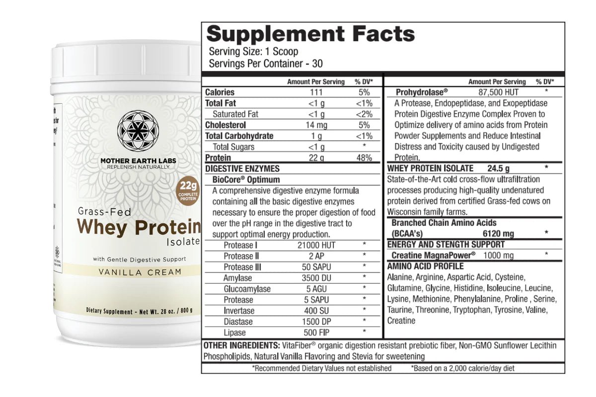 Premium vanilla cream whey protein isolate – 800g grass-fed formula by Mother Earth Labs Inc