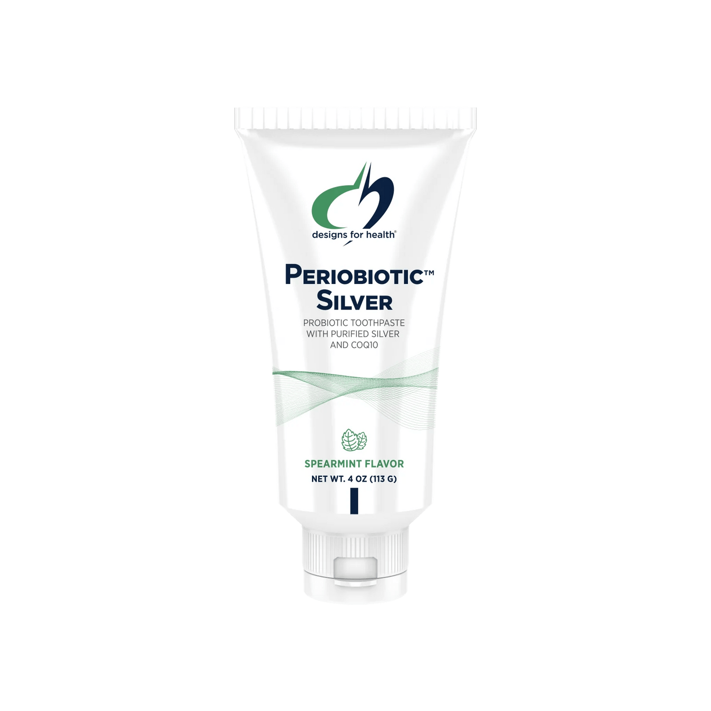 PerioBiotic Silver Probiotic Toothpaste Spearmint 113g by Designs for Health – Fluoride-free probiotic toothpaste tube for oral microbiome support