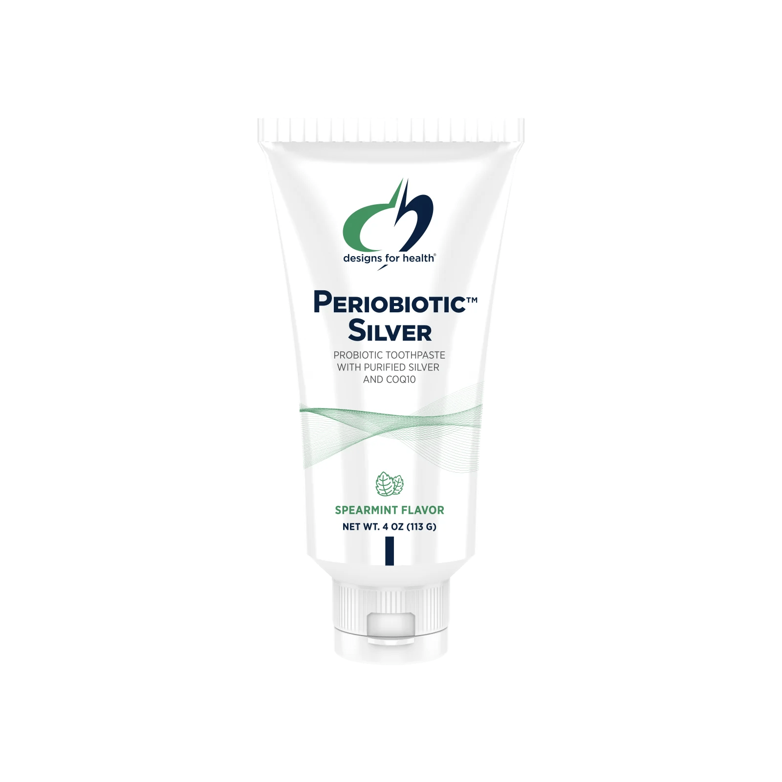 PerioBiotic Silver Probiotic Toothpaste Spearmint 113g by Designs for Health – Fluoride-free probiotic toothpaste tube for oral microbiome support