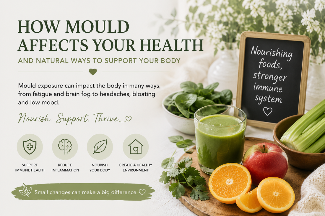 Fresh fruits and vegetables beside a clean home interior, illustrating natural support for wellbeing and awareness of mould exposure.