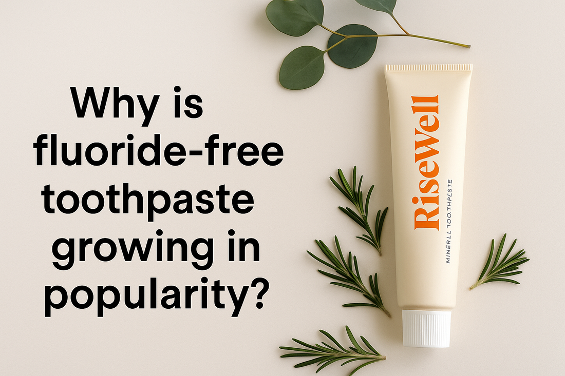 Fluoride-free toothpaste displayed with fresh mint leaves on a clean, minimalist background, symbolising natural oral care and non-toxic, gluten-free personal hygiene products.