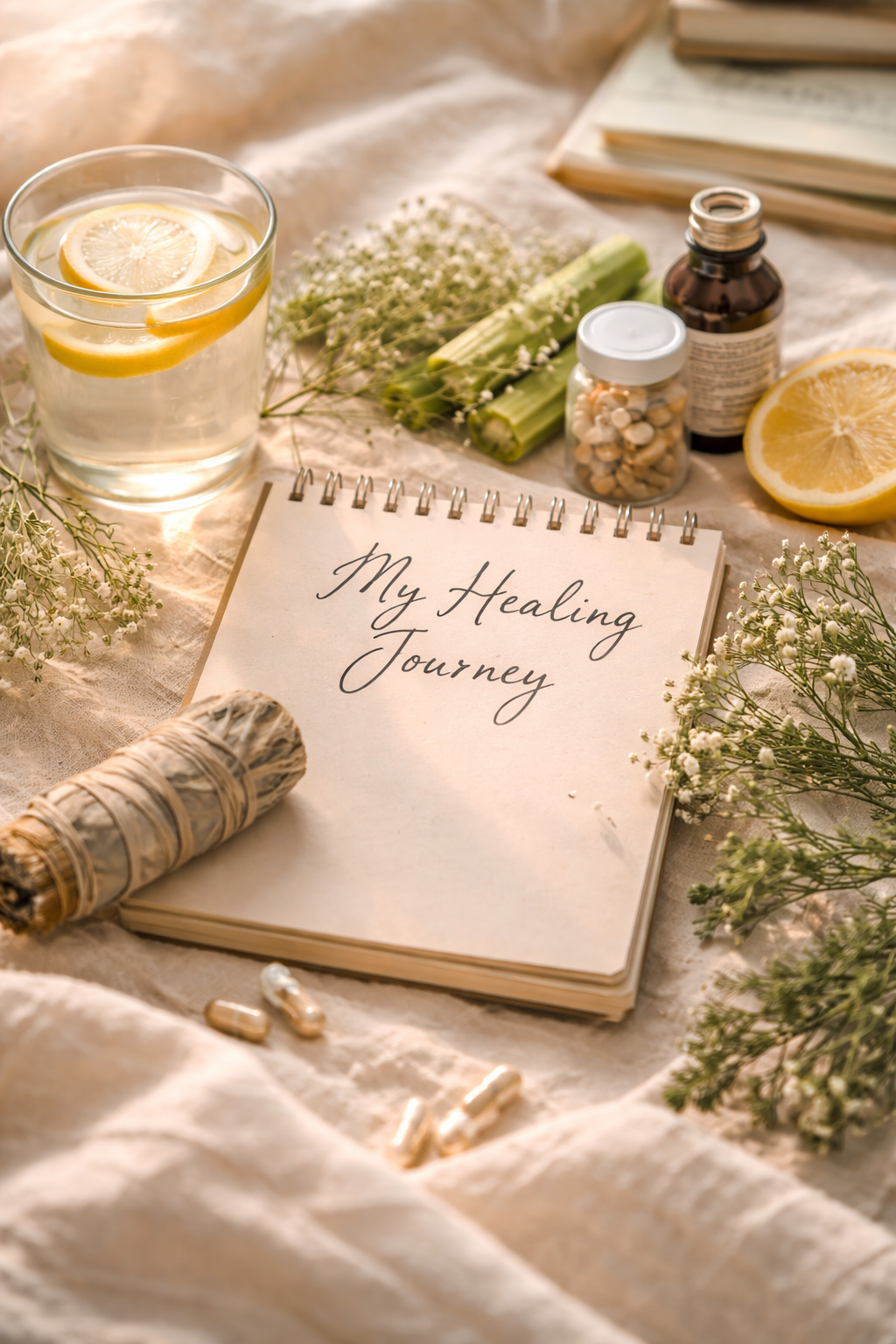 Soft, natural morning scene with lemon water, a glass jar of green juice, a bowl of fruit, and a journal on a wooden table near a bright window, symbolizing a gentle healing routine and holistic wellness journey.