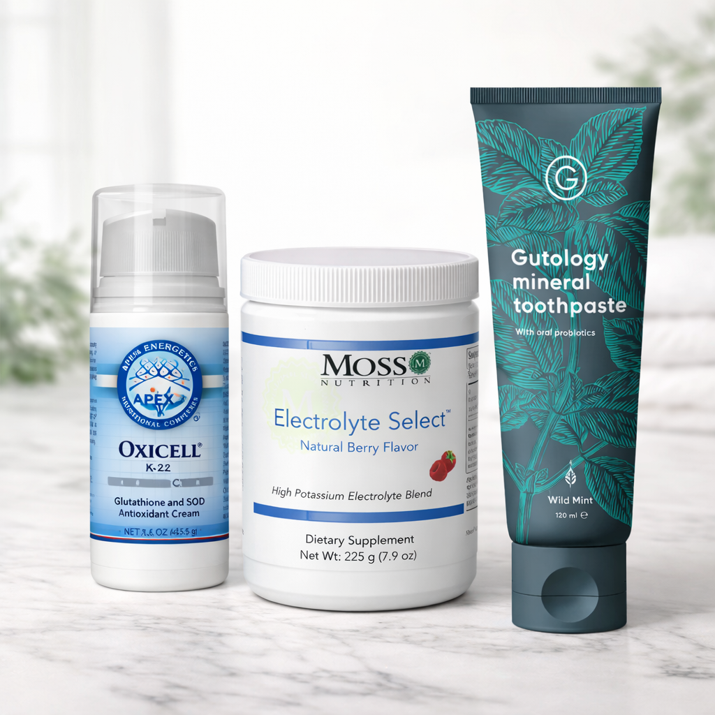Oxicell KR22 antioxidant cream, Electrolyte Select powder and Gutology mineral toothpaste displayed as a clean winter wellness routine on a neutral background