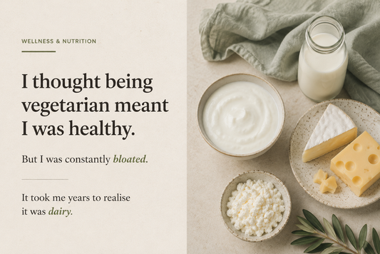 Wellness blog graphic about dairy intolerance showing milk, yogurt, cottage cheese, and cheese alongside the headline about discovering dairy was the cause of years of bloating despite following a vegetarian diet.