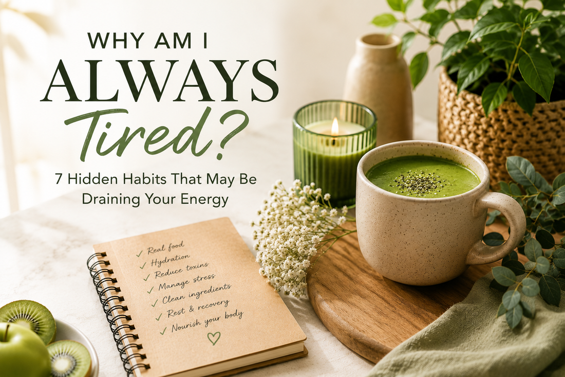 Natural wellness scene featuring a green smoothie, fresh fruit, plants and a wellness journal alongside the headline "Why Am I Always Tired? 7 Hidden Habits That May Be Draining Your Energy", promoting clean living and healthy lifestyle choices.
