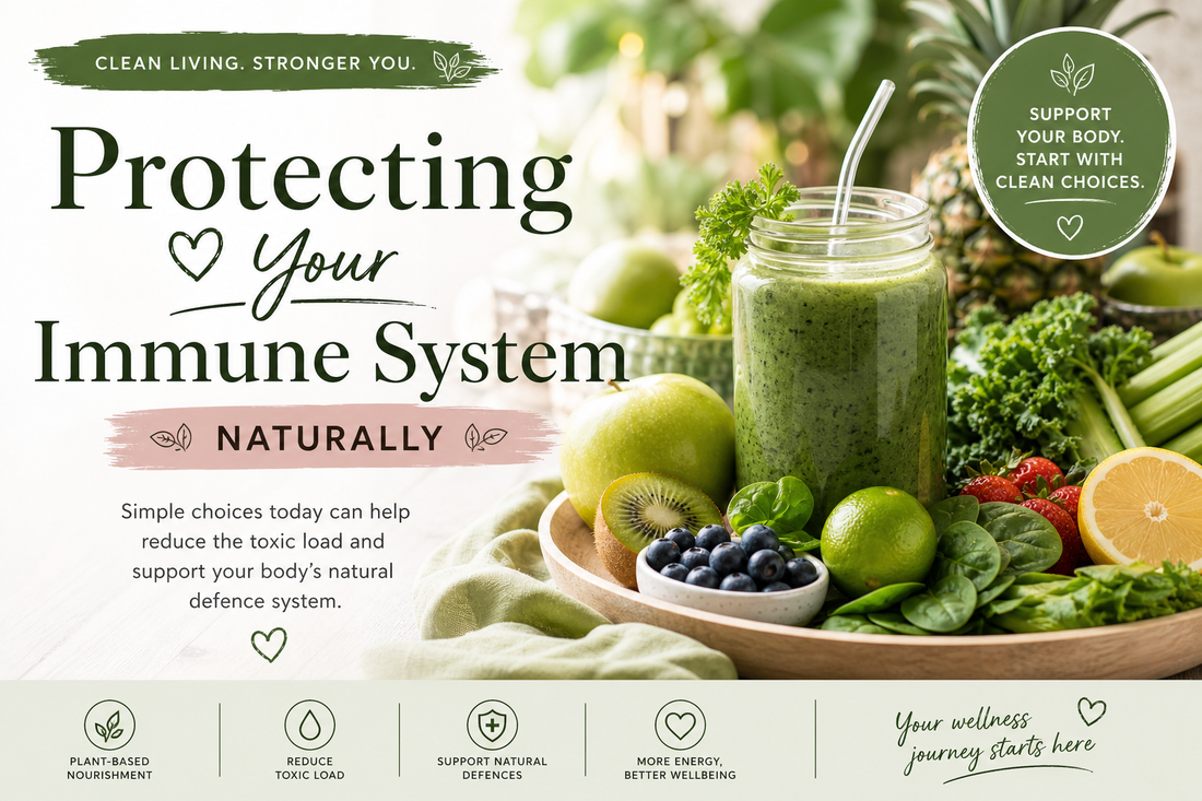 Green smoothie with fresh fruits and vegetables representing clean living and natural ways to support the immune system through a plant-based lifestyle