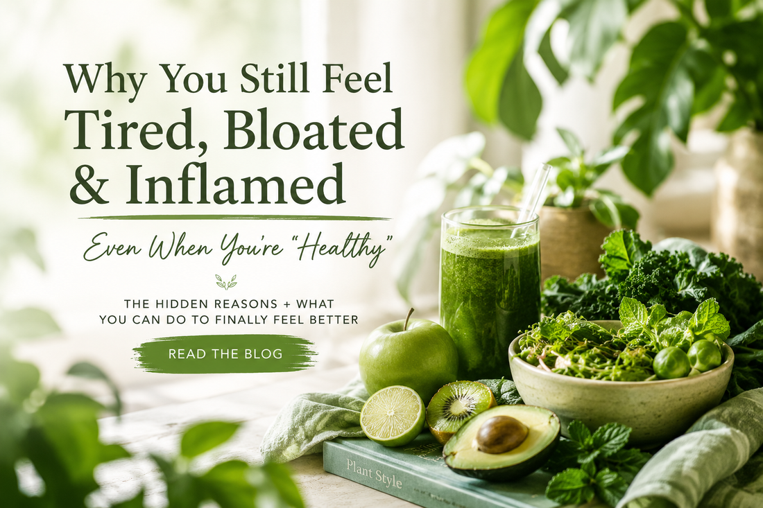 Fresh green fruits, vegetables and a green smoothie arranged in a vibrant wellness setting representing clean living, natural healing and reducing inflammation through a plant-based lifestyle 💚
