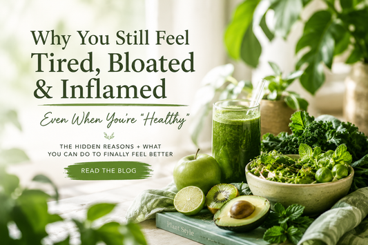 Fresh green fruits, vegetables and a green smoothie arranged in a vibrant wellness setting representing clean living, natural healing and reducing inflammation through a plant-based lifestyle 💚