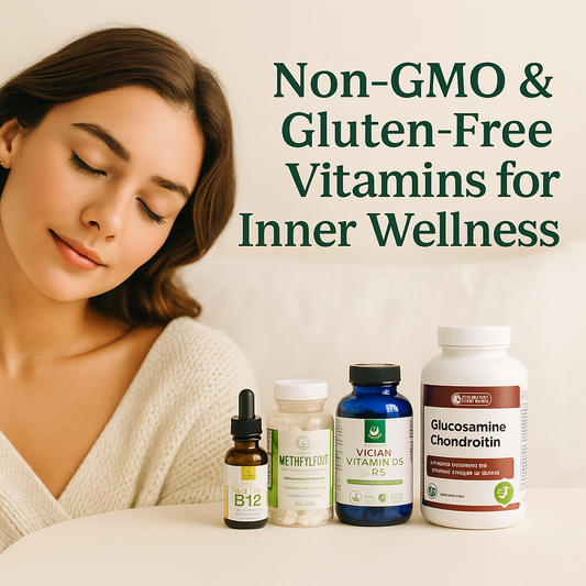 Woman relaxing in a warm, earthy setting beside neatly arranged gluten-free, non-GMO vitamins, representing natural wellness and clean supplement choices.