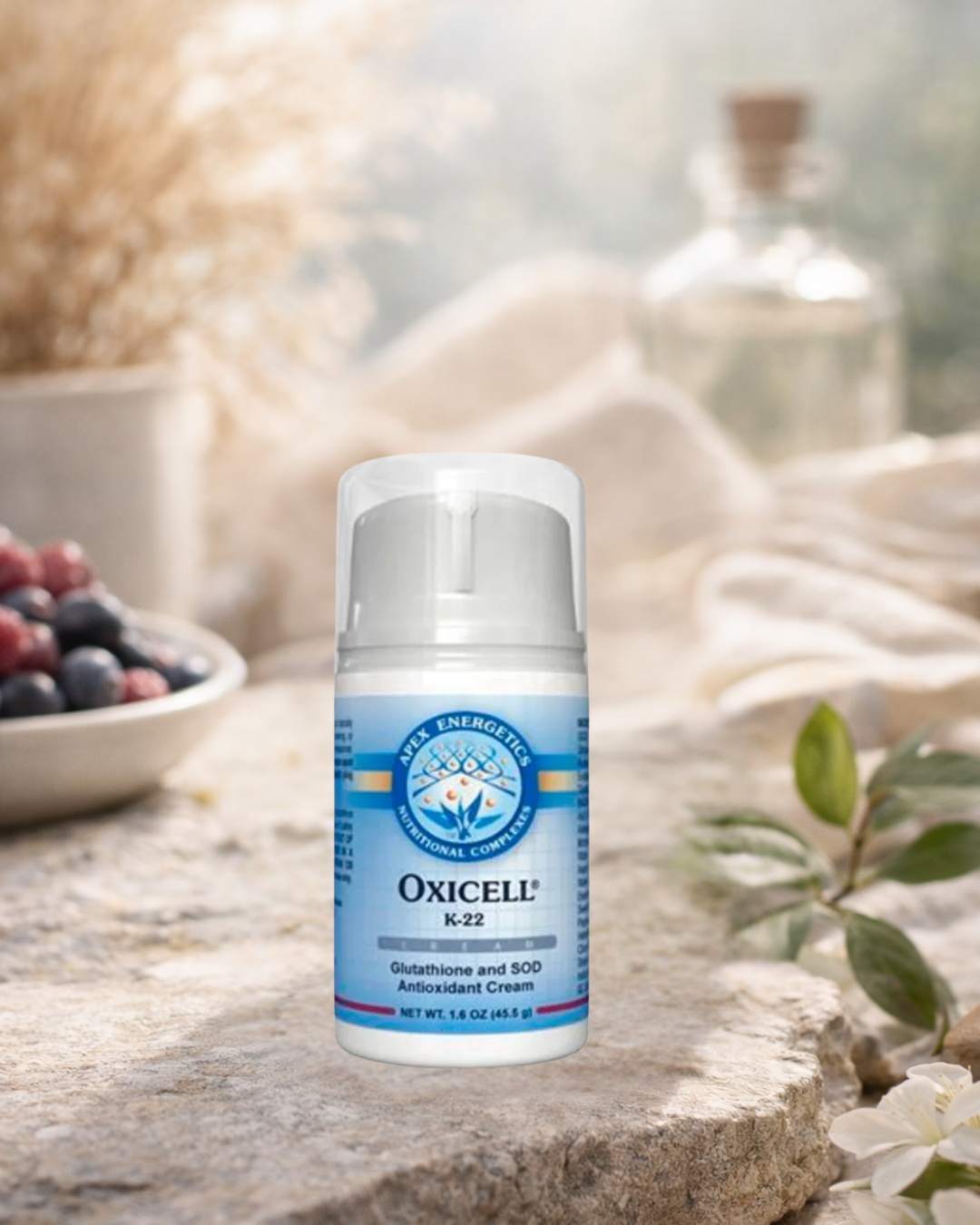 Oxicell KR22 antioxidant cream by Apex Energetics in a clean wellness setting, non-GMO and vegan-friendly personal care.