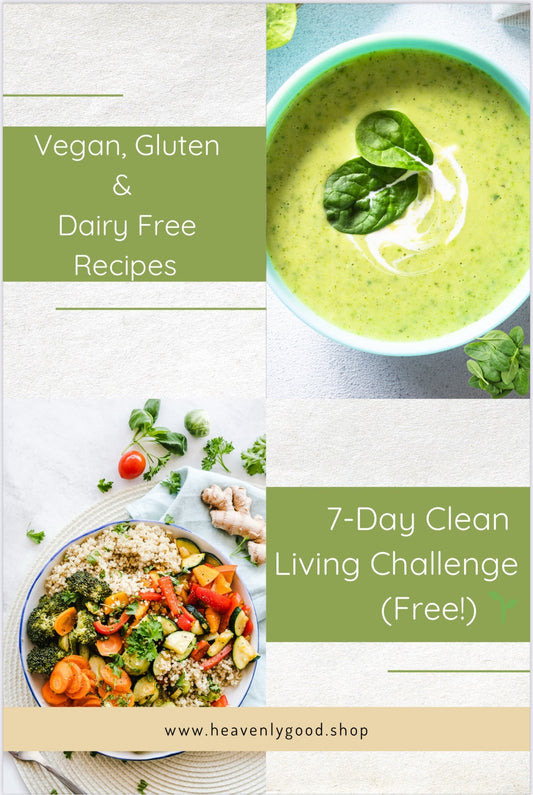 A vibrant spread of vegan, gluten-free, and non-GMO meals including salads, soups, and fresh produce, perfect for the 7-Day Clean Eating Challenge.