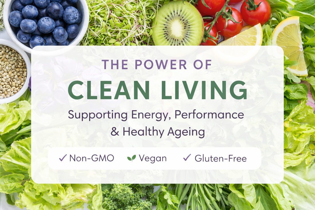 Clean living concept with fresh fruits and vegetables highlighting non-GMO, vegan and gluten-free lifestyle supporting energy, performance and healthy ageing