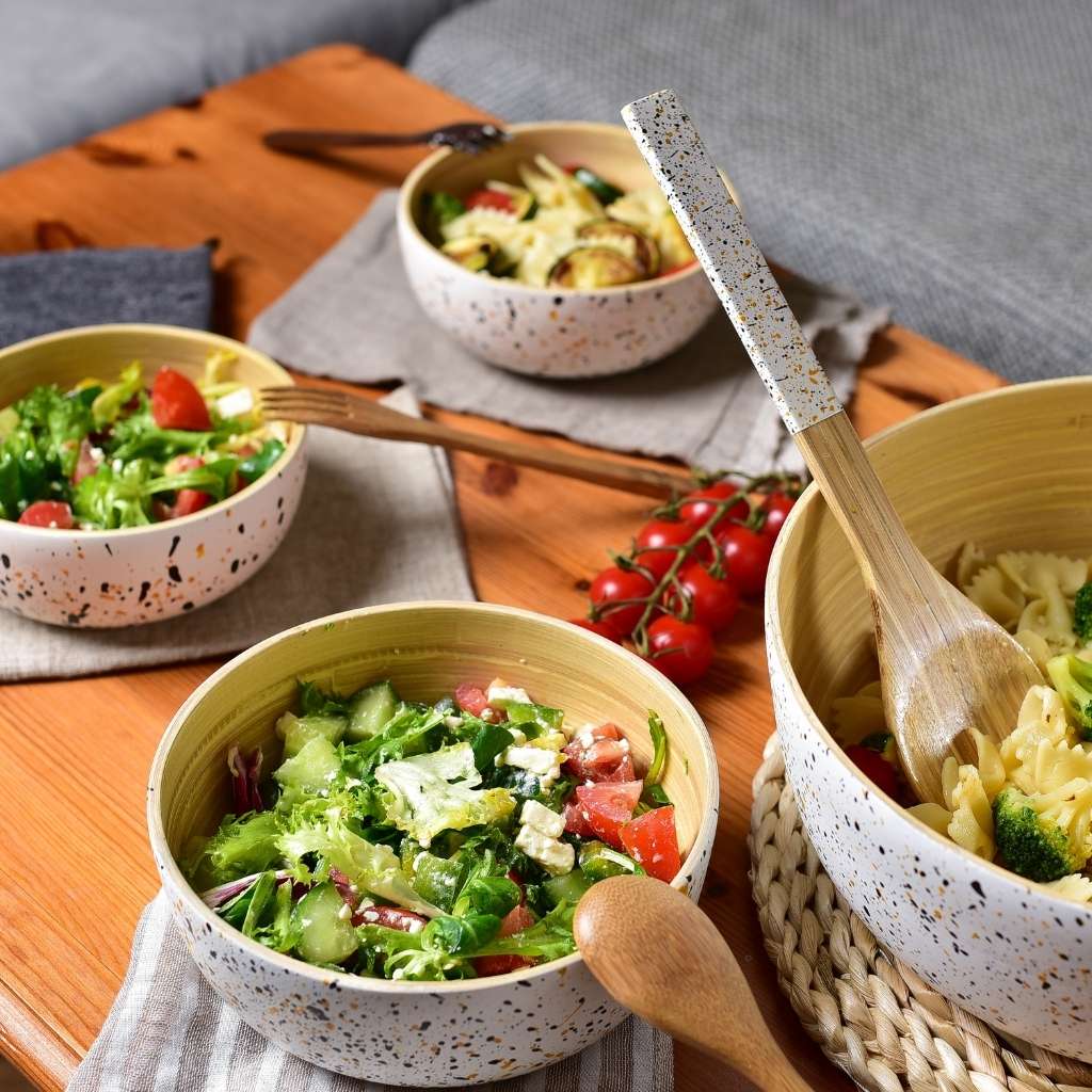 Bamboo Salad Server Set – Handcrafted Salad Tongs (Fork & Spoon) with Terrazzo Handle - Heavenly Good