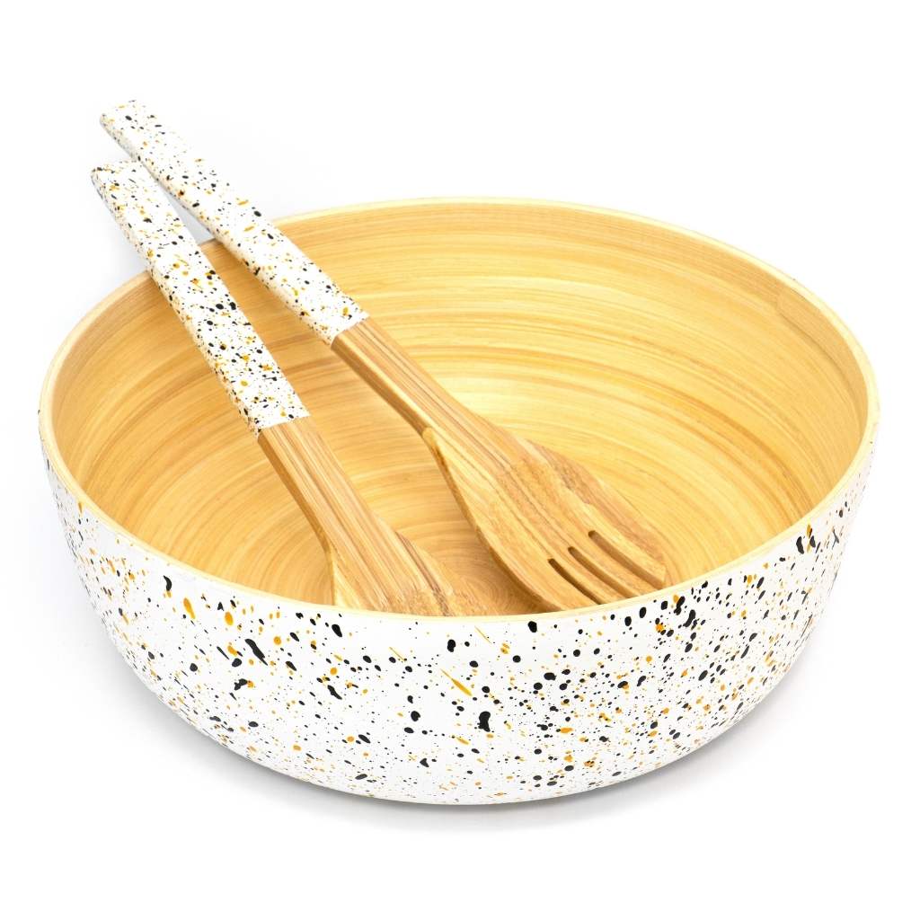 Bamboo Salad Server Set – Handcrafted Salad Tongs (Fork & Spoon) with Terrazzo Handle - Heavenly Good