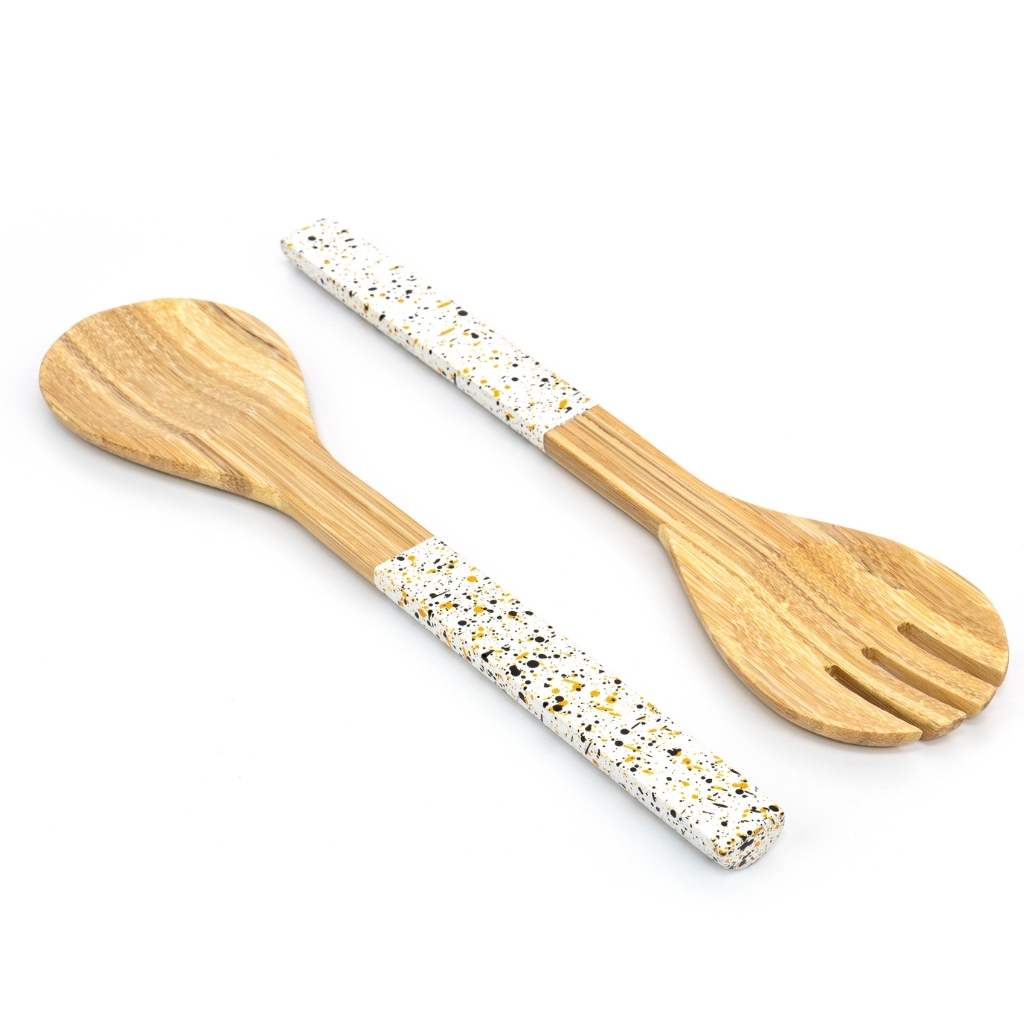 Bamboo Salad Server Set – Handcrafted Salad Tongs (Fork & Spoon) with Terrazzo Handle - Heavenly Good