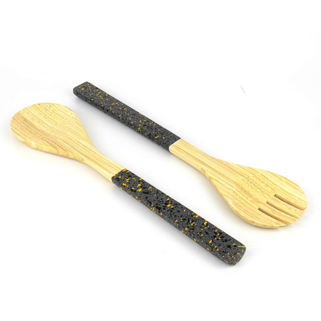 Bamboo Salad Server Set – Handcrafted Salad Tongs (Fork & Spoon) with Terrazzo Handle - Heavenly Good