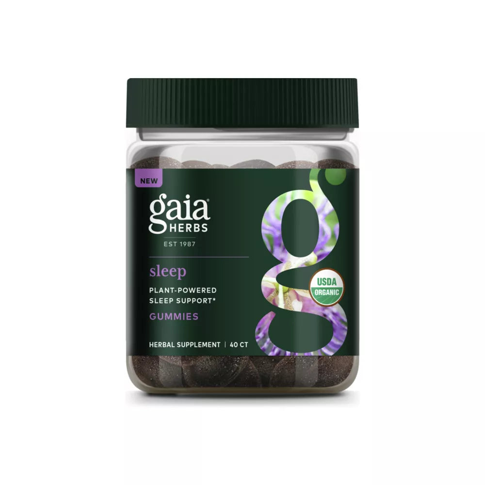 Gaia Herbs Sleep Gummies jar with natural fruit-flavoured vegan gummies for restful sleep