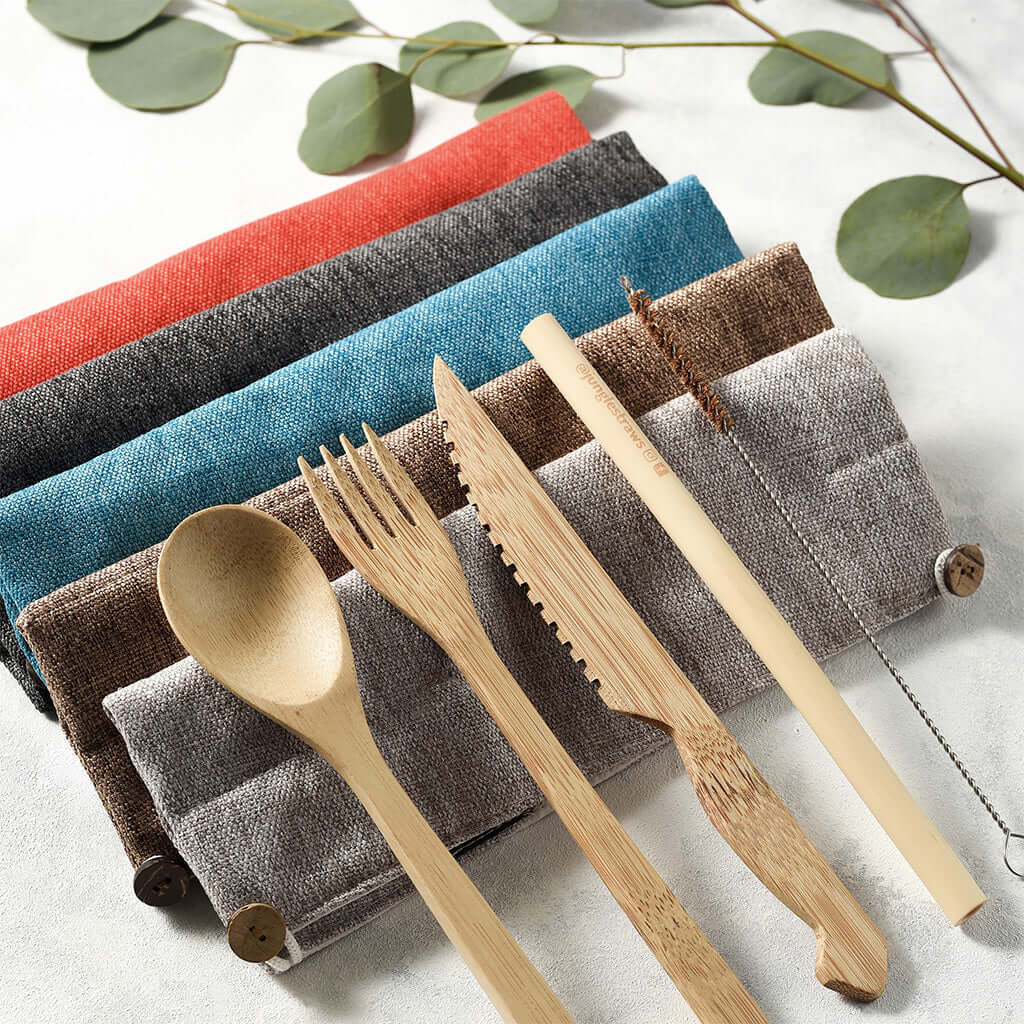 Sustainable Bamboo Cutlery Set with Dark Grey Bag – Eco - Friendly, Zero - Waste Travel Utensils - Heavenly Good